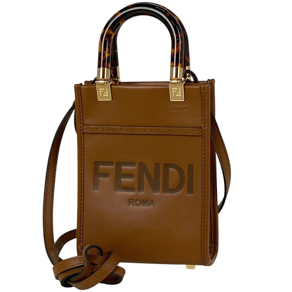 Fendi Sunshine Shopper Handbag Demi Shoulder Bag Leather Brown